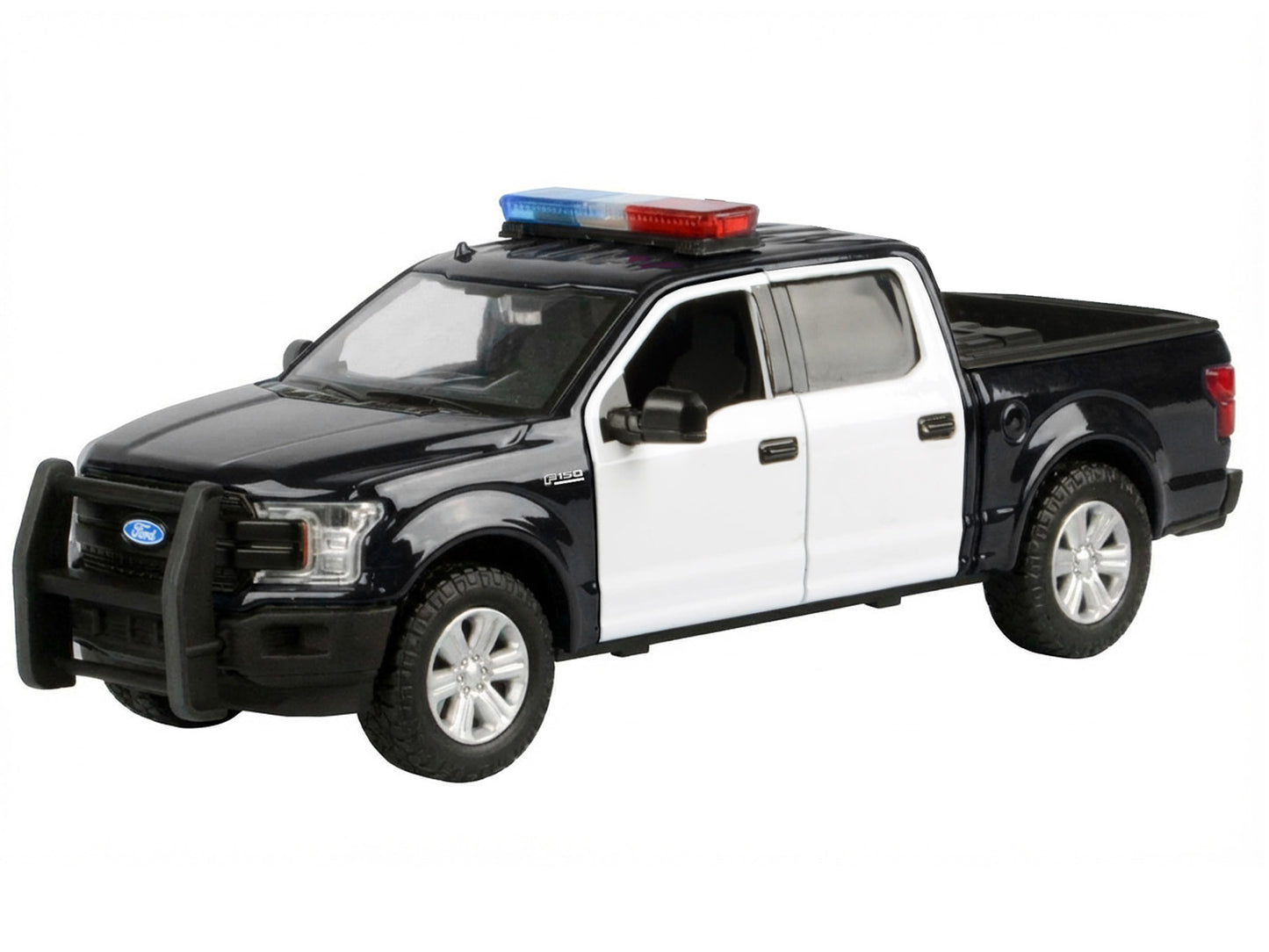 2019 Ford F-150 Lariat Crew Cab Pickup Truck Black and White with Flashing Light Bar Front Rear Lights Sounds 1/27 Diecast Model Car by Motormax <h2>2019 Motormax</h2> <p>High-quality perfect for coll