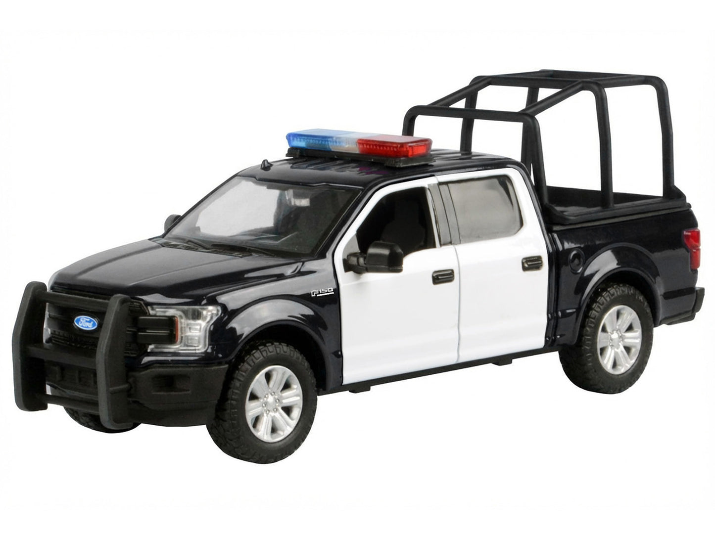 2019 Ford F-150 Lariat Crew Cab Pickup Truck with Bed Cage Black and White Flashing Light Bar Front Rear Lights Sounds 1/27 Diecast Model Car by Motormax <h2>2019 Motormax</h2> <p>High-quality perfect