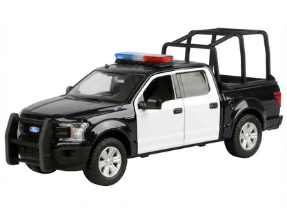 2019 Ford F-150 Lariat Crew Cab Pickup Truck with Bed Cage Black and White Flashing Light Bar Front Rear Lights Sounds 1/27 Diecast Model Car by Motormax <h2>2019 Motormax</h2> <p>High-quality perfect
