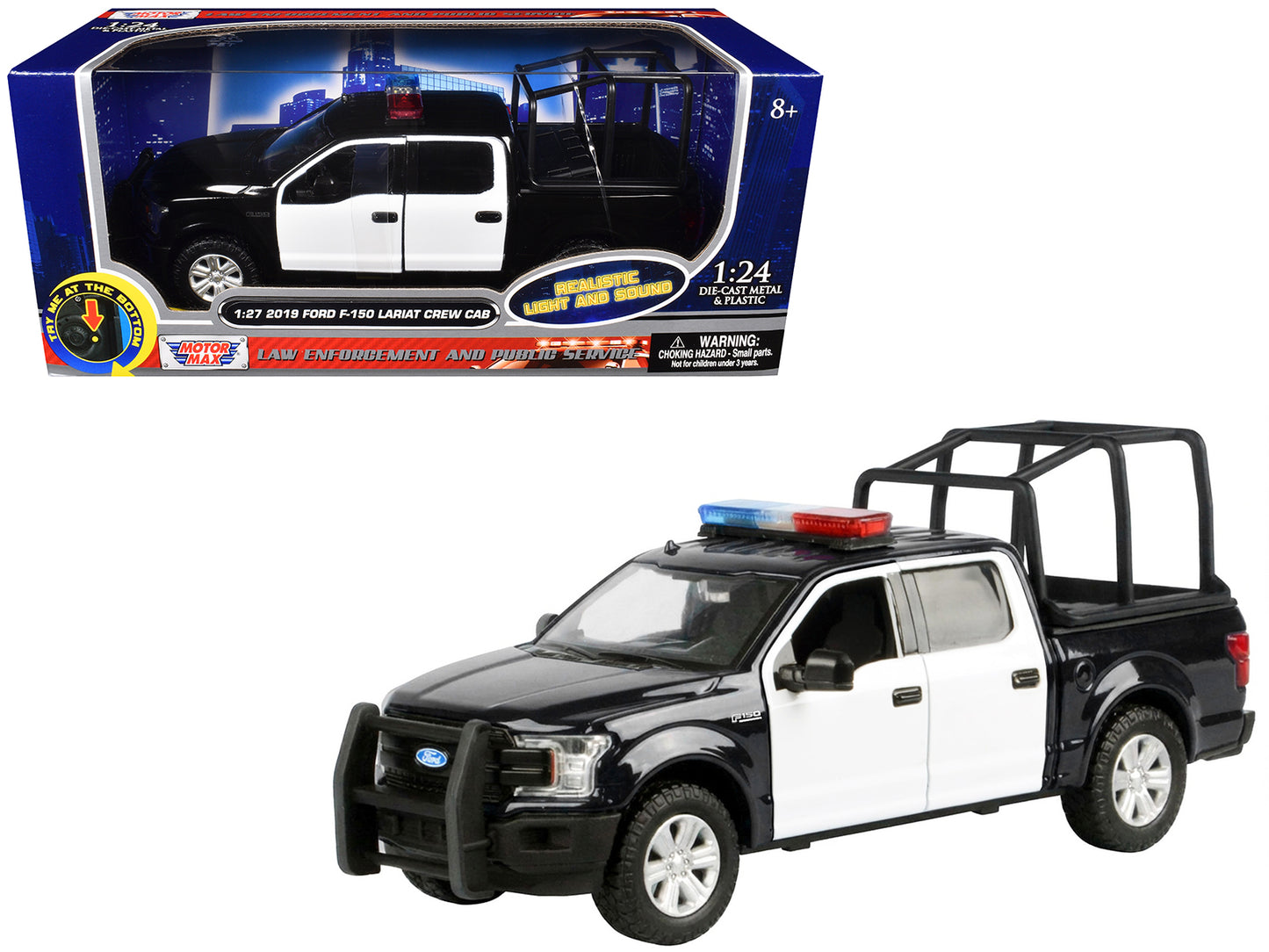 2019 Ford F-150 Lariat Crew Cab Pickup Truck with Bed Cage Black and White Flashing Light Bar Front Rear Lights Sounds 1/27 Diecast Model Car by Motormax <h2>2019 Motormax</h2> <p>High-quality perfect