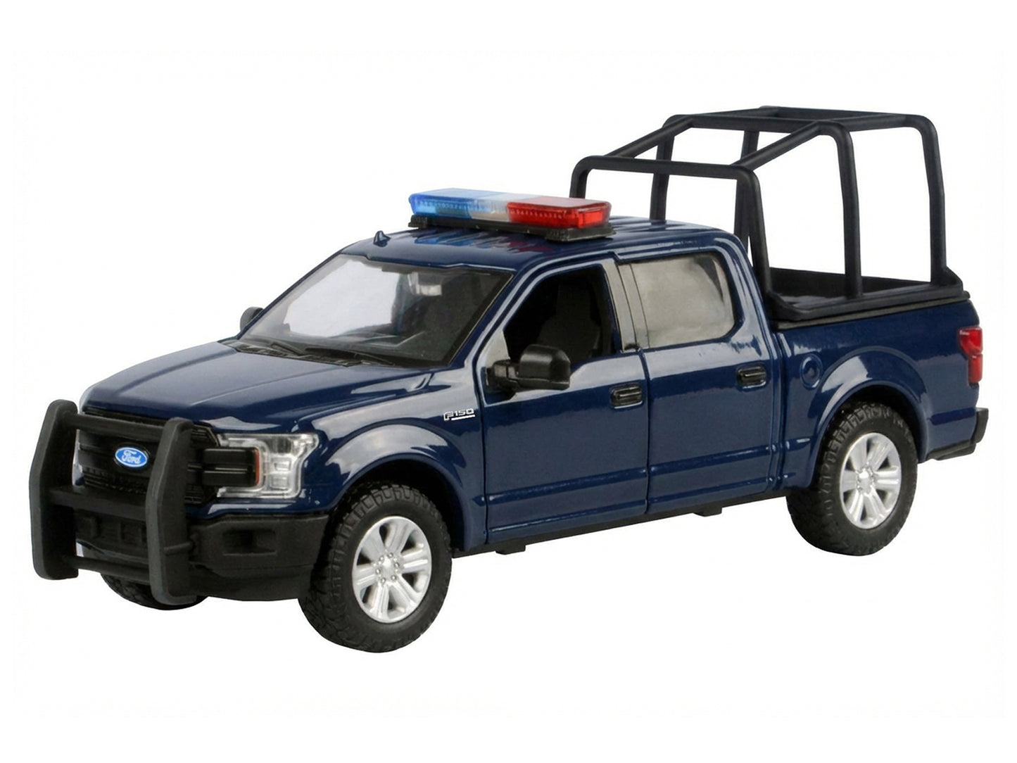 2019 Ford F-150 Lariat Crew Cab Pickup Truck with Bed Cage Dark Blue Flashing Light Bar and Front Rear Lights Sounds 1/27 Diecast Model Car by Motormax <h2>2019 Motormax</h2> <p>High-quality perfect f