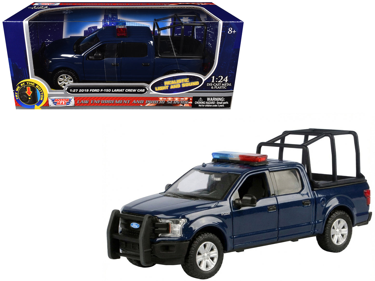 2019 Ford F-150 Lariat Crew Cab Pickup Truck with Bed Cage Dark Blue Flashing Light Bar and Front Rear Lights Sounds 1/27 Diecast Model Car by Motormax <h2>2019 Motormax</h2> <p>High-quality perfect f