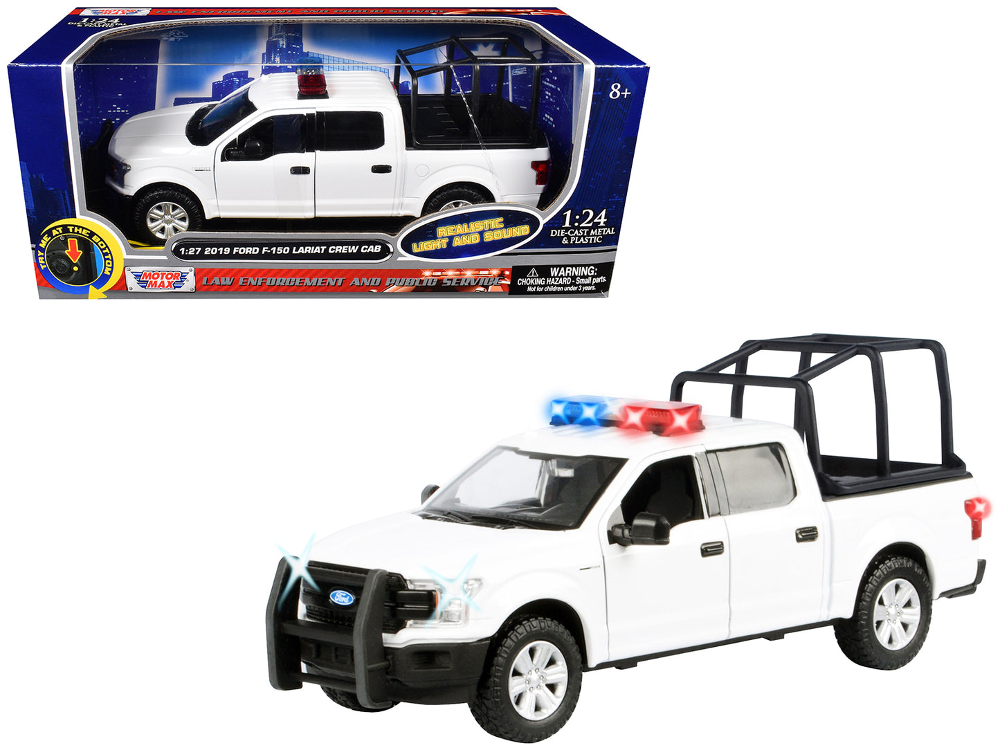 2019 Ford F-150 Lariat Crew Cab Pickup Truck with Bed Cage White Flashing Light Bar and Front Rear Lights Sounds 1/27 Diecast Model Car by Motormax <h2>2019 Motormax</h2> <p>High-quality perfect for c
