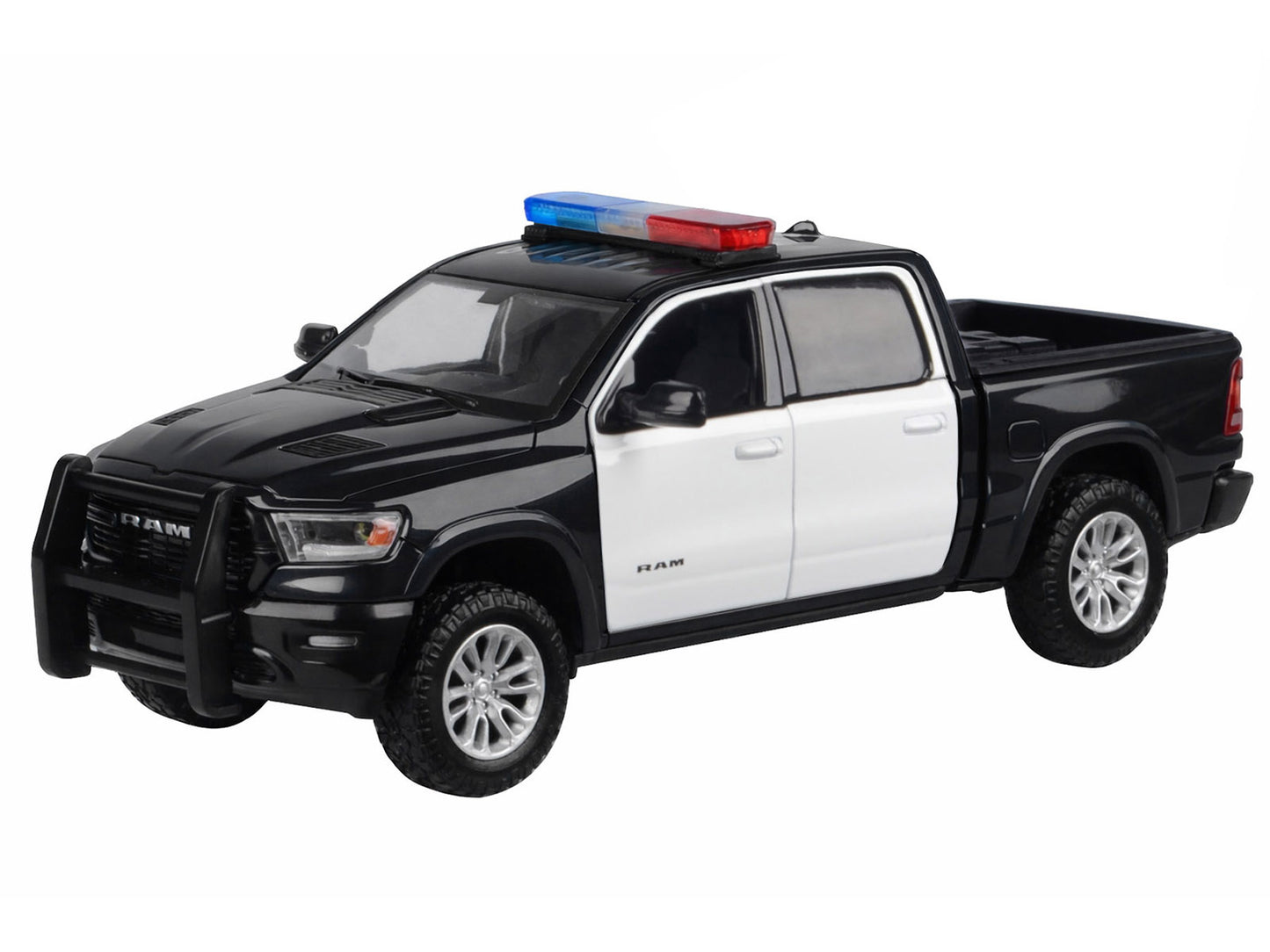 2019 RAM 1500 Laramie Crew Cab Pickup Truck Black and White with Flashing Light Bar Front Rear Lights Sounds 1/27 Diecast Model Car by Motormax <h2>2019 Motormax</h2> <p>High-quality perfect for colle