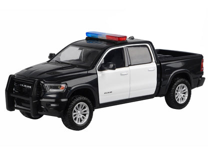 2019 RAM 1500 Laramie Crew Cab Pickup Truck Black and White with Flashing Light Bar Front Rear Lights Sounds 1/27 Diecast Model Car by Motormax <h2>2019 Motormax</h2> <p>High-quality perfect for colle