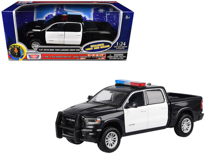 2019 RAM 1500 Laramie Crew Cab Pickup Truck Black and White with Flashing Light Bar Front Rear Lights Sounds 1/27 Diecast Model Car by Motormax <h2>2019 Motormax</h2> <p>High-quality perfect for colle