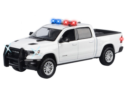 2019 RAM 1500 Laramie Crew Cab Pickup Truck White with Flashing Light Bar and Front Rear Lights Sounds 1/27 Diecast Model Car by Motormax <h2>2019 Motormax</h2> <p>High-quality perfect for collectors