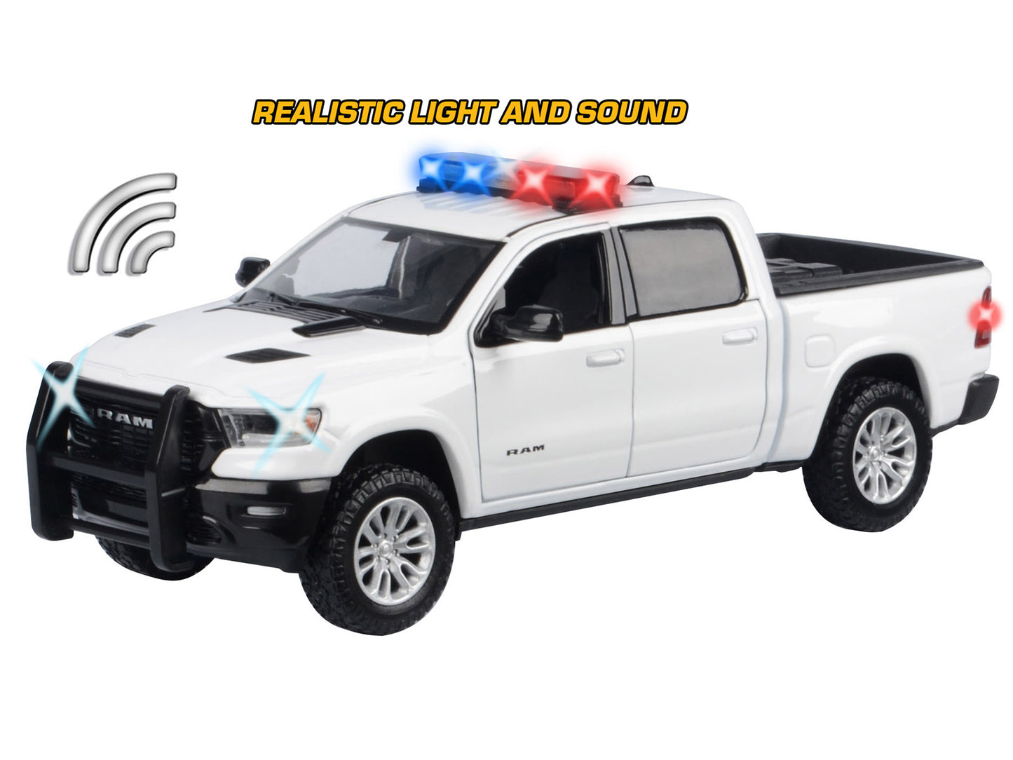 2019 RAM 1500 Laramie Crew Cab Pickup Truck White with Flashing Light Bar and Front Rear Lights Sounds 1/27 Diecast Model Car by Motormax <h2>2019 Motormax</h2> <p>High-quality perfect for collectors