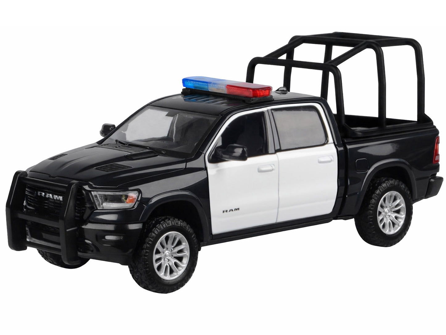 2019 RAM 1500 Laramie Crew Cab Pickup Truck with Bed Cage Black and White Flashing Light Bar Front Rear Lights Sounds 1/27 Diecast Model Car by Motormax <h2>2019 Motormax</h2> <p>High-quality perfect