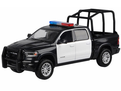 2019 RAM 1500 Laramie Crew Cab Pickup Truck with Bed Cage Black and White Flashing Light Bar Front Rear Lights Sounds 1/27 Diecast Model Car by Motormax <h2>2019 Motormax</h2> <p>High-quality perfect