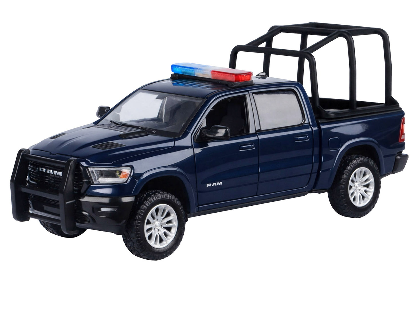 2019 RAM 1500 Laramie Crew Cab Pickup Truck with Bed Cage Dark Blue Flashing Light Bar and Front Rear Lights Sounds 1/27 Diecast Model Car by Motormax <h2>2019 Motormax</h2> <p>High-quality perfect fo