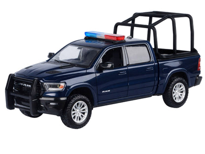 2019 RAM 1500 Laramie Crew Cab Pickup Truck with Bed Cage Dark Blue Flashing Light Bar and Front Rear Lights Sounds 1/27 Diecast Model Car by Motormax <h2>2019 Motormax</h2> <p>High-quality perfect fo