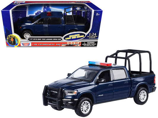 2019 RAM 1500 Laramie Crew Cab Pickup Truck with Bed Cage Dark Blue Flashing Light Bar and Front Rear Lights Sounds 1/27 Diecast Model Car by Motormax <h2>2019 Motormax</h2> <p>High-quality perfect fo