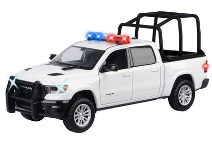 2019 RAM 1500 Laramie Crew Cab Pickup Truck with Bed Cage White Flashing Light Bar and Front Rear Lights Sounds 1/27 Diecast Model Car by Motormax <h2>2019 Motormax</h2> <p>High-quality perfect for co