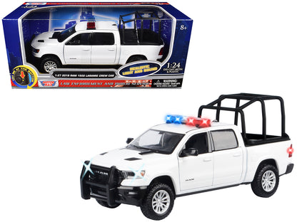 2019 RAM 1500 Laramie Crew Cab Pickup Truck with Bed Cage White Flashing Light Bar and Front Rear Lights Sounds 1/27 Diecast Model Car by Motormax <h2>2019 Motormax</h2> <p>High-quality perfect for co