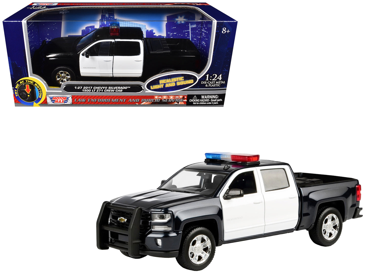 2017 Chevrolet Silverado 1500 LT Z71 Crew Cab Pickup Truck Black and White with Flashing Light Bar Front Rear Lights Sounds 1/27 Diecast Model Car by Motormax <h2>2017 Motormax</h2> <p>High-quality pe