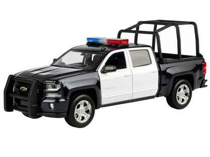 2017 Chevrolet Silverado 1500 LT Z71 Crew Cab Pickup Truck with Bed Cage Black and White Flashing Light Bar Front Rear Lights Sounds 1/27 Diecast Model Car by Motormax <h2>2017 Motormax</h2> <p>High-q