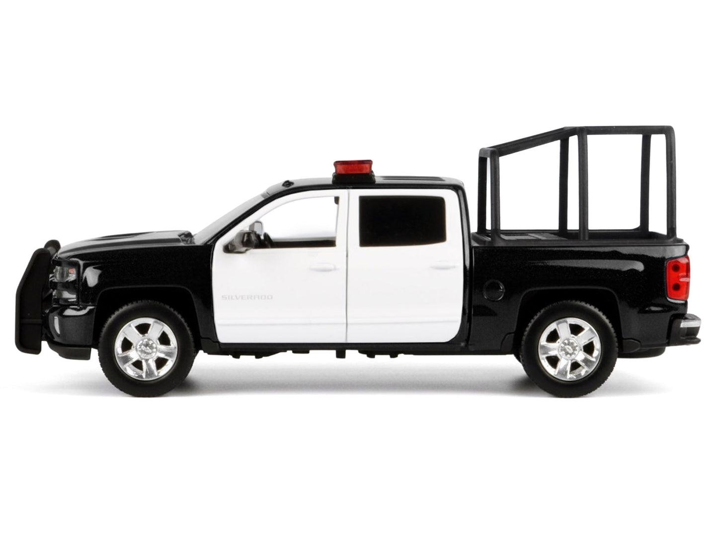 2017 Chevrolet Silverado 1500 LT Z71 Crew Cab Pickup Truck with Bed Cage Black and White Flashing Light Bar Front Rear Lights Sounds 1/27 Diecast Model Car by Motormax <h2>2017 Motormax</h2> <p>High-q