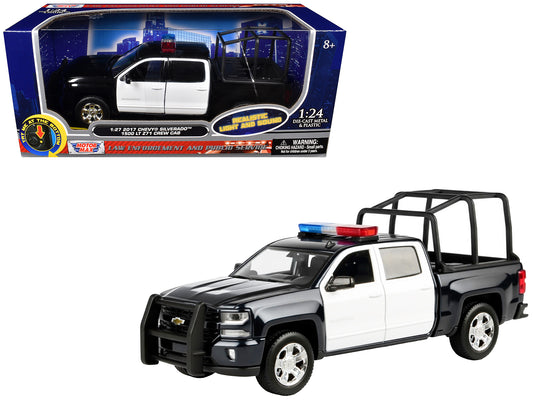 2017 Chevrolet Silverado 1500 LT Z71 Crew Cab Pickup Truck with Bed Cage Black and White Flashing Light Bar Front Rear Lights Sounds 1/27 Diecast Model Car by Motormax <h2>2017 Motormax</h2> <p>High-q