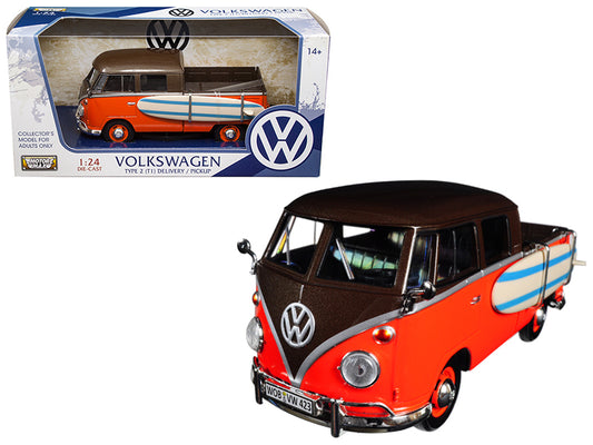 Volkswagen Type 2 (T1) Pickup with Surfboard Brown and Orange 1/24 Diecast Model Car by Motormax <h2>Volkswagen Motormax</h2> <p>High-quality perfect for collectors enthusiasts. Features detailed inte