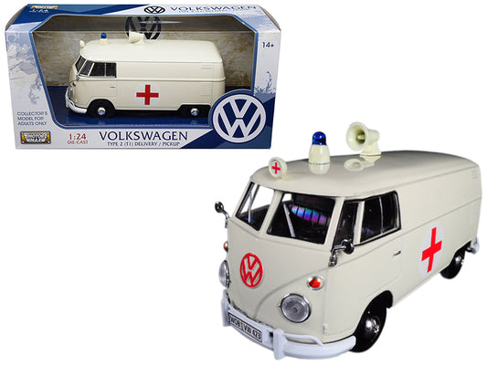 Volkswagen Type 2 (T1) Ambulance Cream 1/24 Diecast Model by Motormax <h2>Volkswagen Motormax</h2> <p>High-quality car perfect for collectors and enthusiasts. Features detailed interior exterior craft