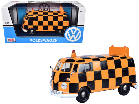 Volkswagen Type 2 (T1) Airport Runway Delivery Van Black and Orange Checkered 1/24 Diecast Model Car by Motormax <h2>Volkswagen Motormax</h2> <p>High-quality perfect for collectors enthusiasts. Featur