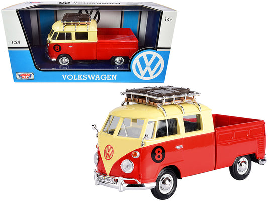 Volkswagen Type 2 (T1) #8 Pickup Truck with Roof Rack and Luggage Red Yellow 1/24 Diecast Model Car by Motormax <h2>Volkswagen Motormax</h2> <p>High-quality perfect for collectors enthusiasts. Feature