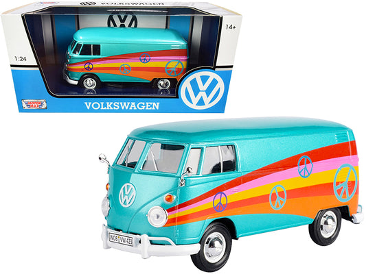 Volkswagen Type 2 (T1) Delivery Van "Peace" Turquoise Metallic 1/24 Diecast Model Car by Motormax <h2>Volkswagen Motormax</h2> <p>High-quality perfect for collectors and enthusiasts. Features detailed