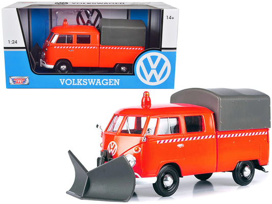 Volkswagen Type 2 (T1) Pickup Truck Orange with Snow Plow and Camper Shell 1/24 Diecast Model Car by Motormax <h2>Volkswagen Motormax</h2> <p>High-quality perfect for collectors enthusiasts. Features