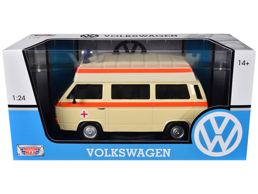 Volkswagen Type 2 (T3) High Roof Ambulance Cream with Orange Stripes 1/24 Diecast Model Car by Motormax <h2>Volkswagen Motormax</h2> <p>High-quality perfect for collectors and enthusiasts. Features de