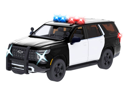2025 Chevrolet Tahoe PPV Black and White "Builder's Kit" with Flashing Light Bar Front Rear Lights Sounds 1/24 Diecast Model Car by Motormax <h2>2025 Motormax</h2> <p>High-quality perfect for collecto