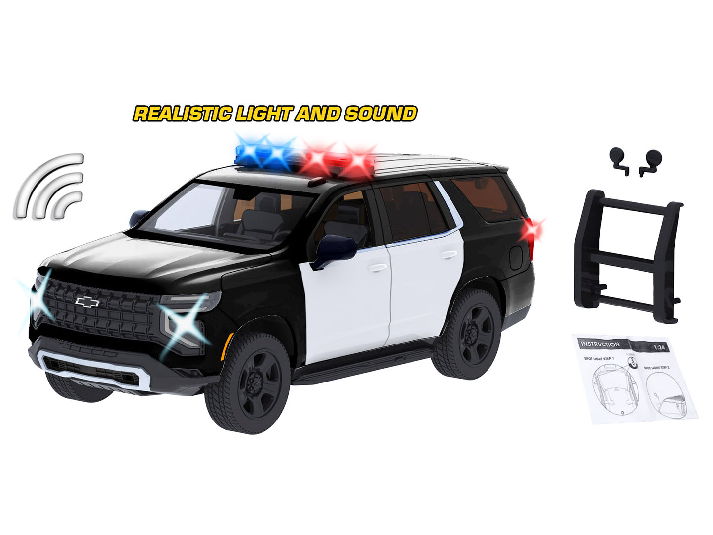 2025 Chevrolet Tahoe PPV Black and White "Builder's Kit" with Flashing Light Bar Front Rear Lights Sounds 1/24 Diecast Model Car by Motormax <h2>2025 Motormax</h2> <p>High-quality perfect for collecto