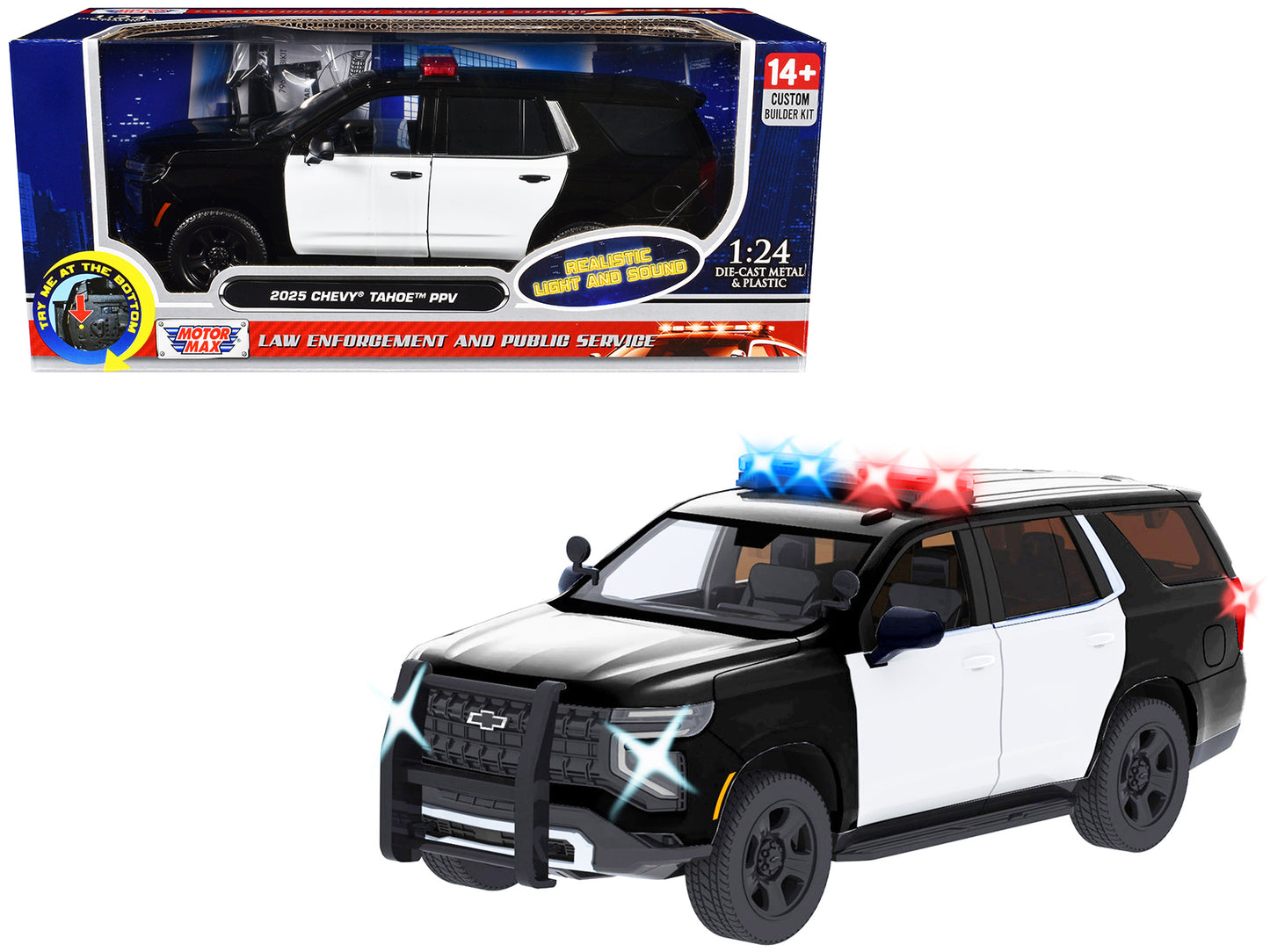 2025 Chevrolet Tahoe PPV Black and White "Builder's Kit" with Flashing Light Bar Front Rear Lights Sounds 1/24 Diecast Model Car by Motormax <h2>2025 Motormax</h2> <p>High-quality perfect for collecto