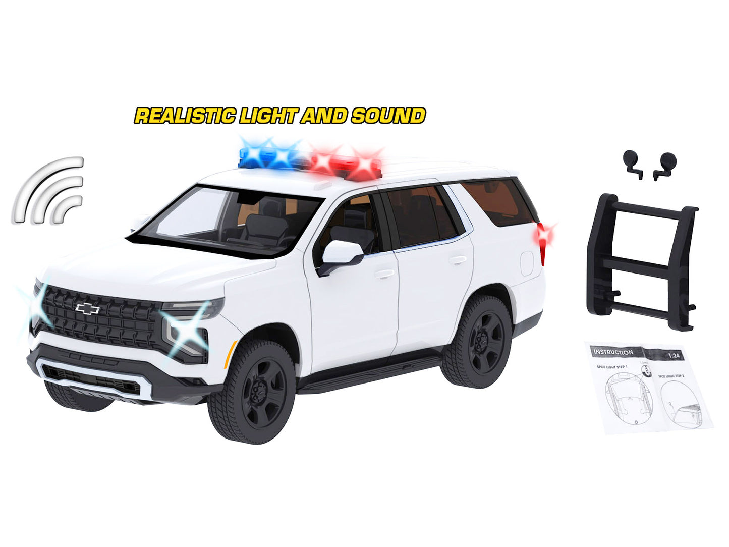 2025 Chevrolet Tahoe PPV White "Builder's Kit" with Flashing Light Bar and Front Rear Lights Sounds 1/24 Diecast Model Car by Motormax <h2>2025 Motormax</h2> <p>High-quality perfect for collectors ent