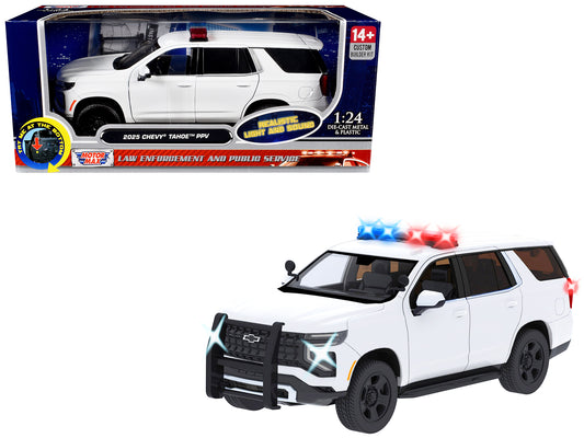 2025 Chevrolet Tahoe PPV White "Builder's Kit" with Flashing Light Bar and Front Rear Lights Sounds 1/24 Diecast Model Car by Motormax <h2>2025 Motormax</h2> <p>High-quality perfect for collectors ent