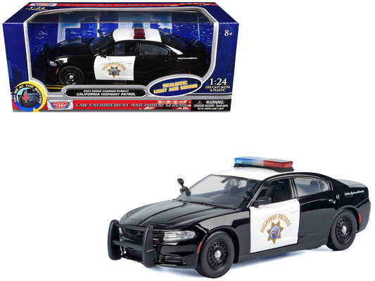 2023 Dodge Charger Pursuit Police Car "California Highway Patrol (CHP)" Black and White with Flashing Light Bar and Front and Rear Lights and Sounds 1/24 T&y Diecast Model Car by Motormax