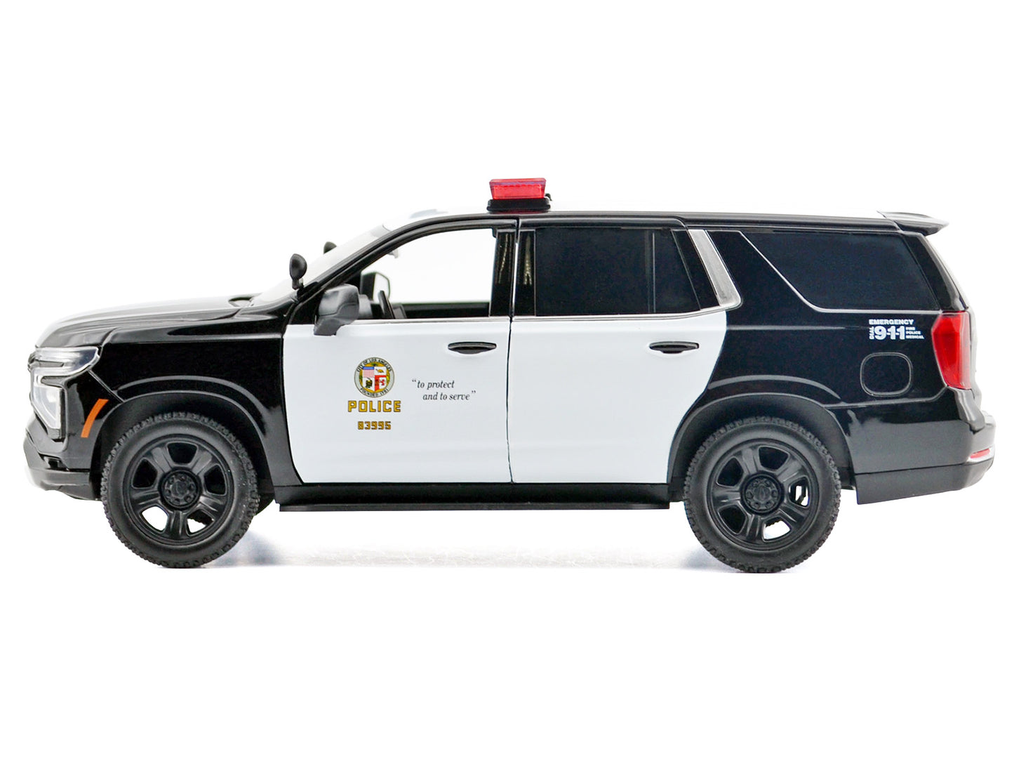 2025 Chevrolet Tahoe PPV "LAPD (Los Angeles Police Department)" Black and White with Flashing Light Bar Front Rear Lights Sounds 1/24 Diecast Model Car by Motormax <h2>2025 Motormax</h2> <p>High-quali