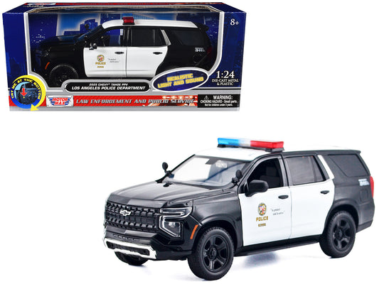 2025 Chevrolet Tahoe PPV "LAPD (Los Angeles Police Department)" Black and White with Flashing Light Bar Front Rear Lights Sounds 1/24 Diecast Model Car by Motormax <h2>2025 Motormax</h2> <p>High-quali