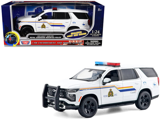 2025 Chevrolet Tahoe PPV "RCMP (Royal Canadian Mounted Police)" White with Stripes Flashing Light Bar and Front Rear Lights Sounds 1/24 Diecast Model Car by Motormax <h2>2025 Motormax</h2> <p>High-qua