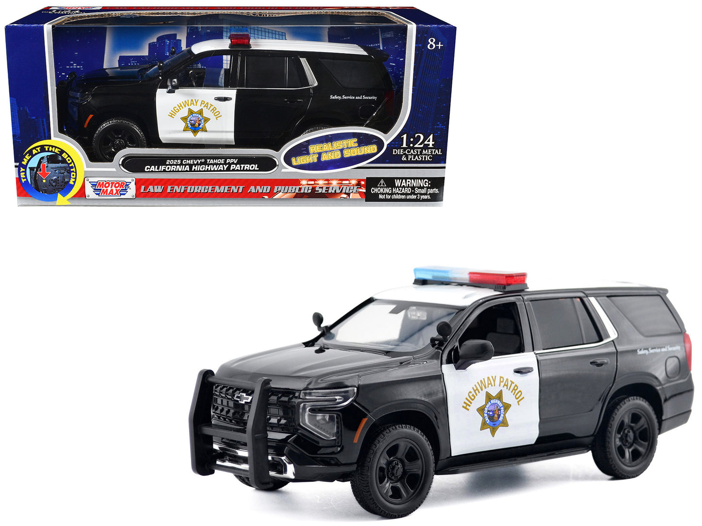 2025 Chevrolet Tahoe PPV "CHP (California Highway Patrol)" Black and White with Flashing Light Bar Front Rear Lights Sounds 1/24 Diecast Model Car by Motormax <h2>2025 Motormax</h2> <p>High-quality pe