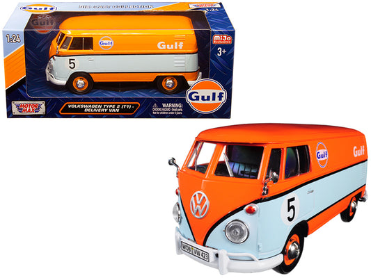 Volkswagen Type 2 (T1) Delivery Van #5 "Gulf" Orange and Light Blue 1/24 Diecast Model Car by Motormax <h2>Volkswagen Motormax</h2> <p>High-quality perfect for collectors enthusiasts. Features detaile