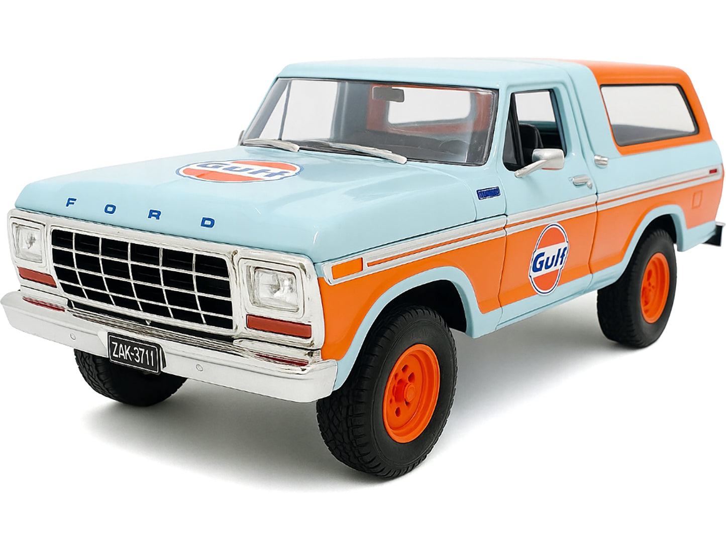 1978 Ford Bronco Light Blue and Orange "Gulf Oil" Die-Cast Collection" 1/24 Diecast Model Car by Motormax <h2>1978 Motormax</h2> <p>High-quality perfect for collectors enthusiasts. Features detailed i