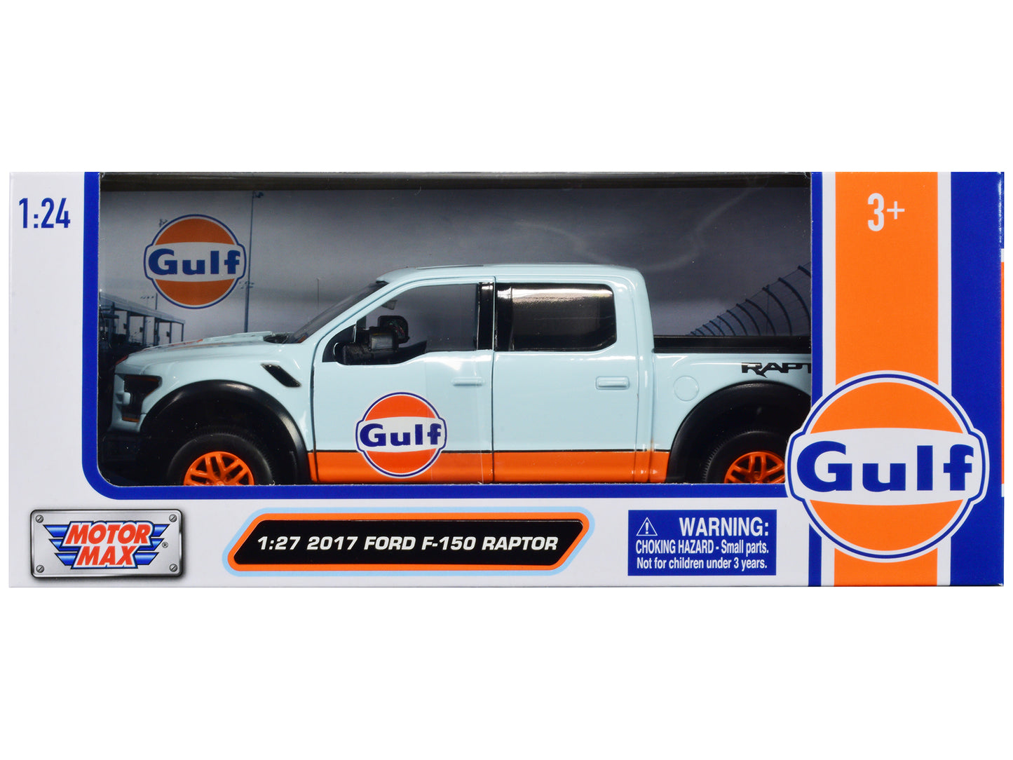 2017 Ford F-150 Raptor Pickup Truck Light Blue with Orange Stripes "Gulf Oil" Die-Cast Collection" 1/27 Diecast Model Car by Motormax <h2>2017 Motormax</h2> <p>High-quality perfect for collectors and