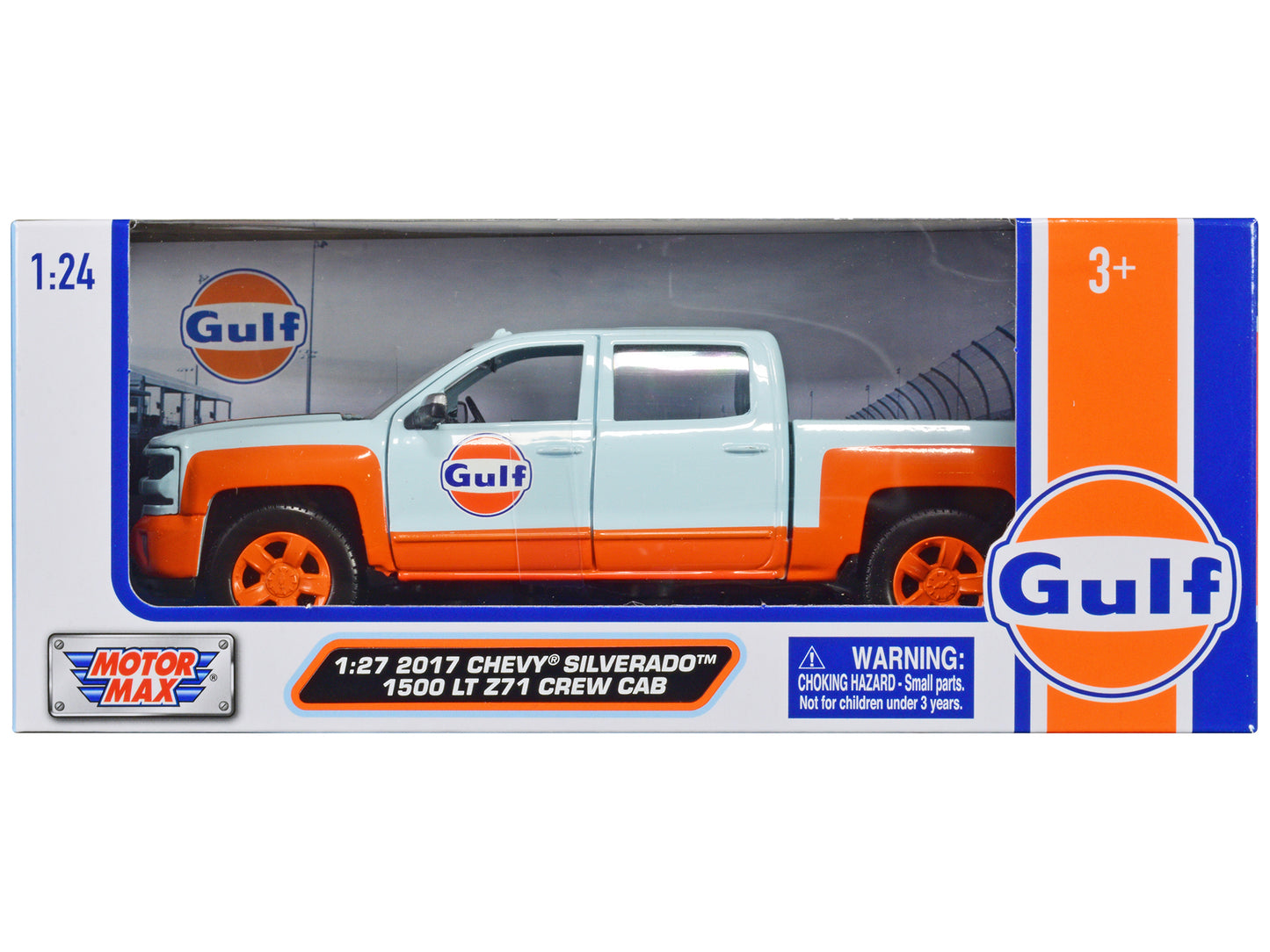 2017 Chevrolet Silverado 1500 LT Z71 Crew Cab Pickup Truck Light Blue with Orange Stripes "Gulf Oil" Die-Cast Collection" 1/27 Diecast Model Car by Motormax <h2>2017 Motormax</h2> <p>High-quality perf