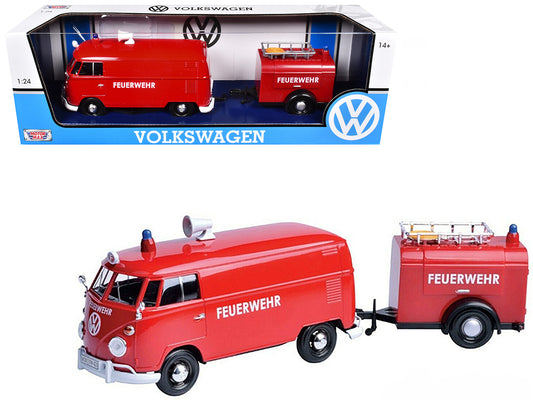 Volkswagen Type 2 (T1) Fire Van with Fighting Trailer "Feuerwehr" Red 1/24 Diecast Model Car by Motormax <h2>Volkswagen Motormax</h2> <p>High-quality perfect for collectors and enthusiasts. Features d