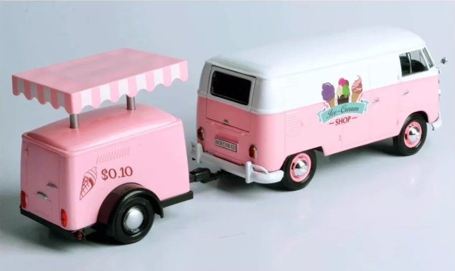Volkswagen T1 Delivery Van with Ice-Cream Trailer Pink and White "Ice-Cream Shop" 1/24 Diecast Model Car by Motormax <h2>Volkswagen Motormax</h2> <p>High-quality perfect for collectors enthusiasts. Fe