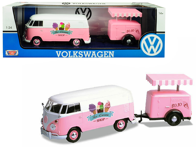 Volkswagen T1 Delivery Van with Ice-Cream Trailer Pink and White "Ice-Cream Shop" 1/24 Diecast Model Car by Motormax <h2>Volkswagen Motormax</h2> <p>High-quality perfect for collectors enthusiasts. Fe