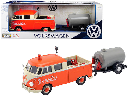 Volkswagen Type 2 (T1) Pickup Truck Orange and Cream with Oil Trailer "Road Service" 1/24 Diecast Model Car by Motormax <h2>Volkswagen Motormax</h2> <p>High-quality perfect for collectors enthusiasts.