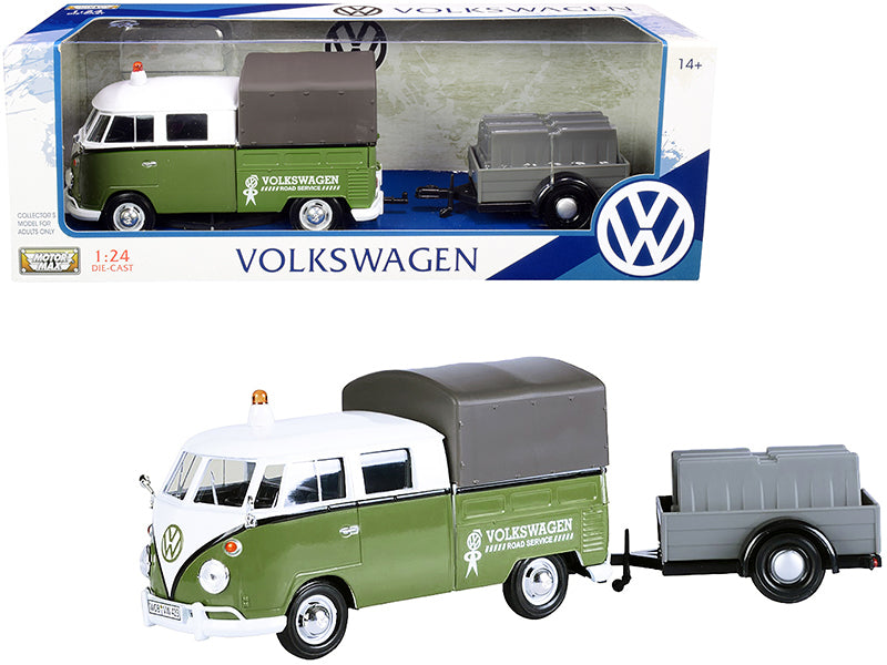 Volkswagen T1 Pickup with Canopy Green and White Trailer "Road Service" 1/24 Diecast Model Car by Motormax <h2>Volkswagen Motormax</h2> <p>High-quality perfect for collectors enthusiasts. Features det