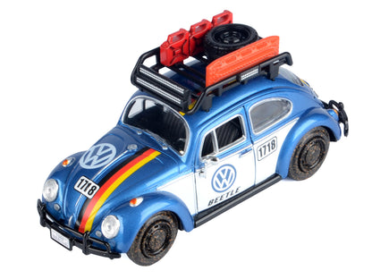 1966 Volkswagen Beetle Off Road #1718 Blue Metallic and White with German Flag Stripes and Roof Rack Accessories 1/24 Diecast Model Car by Motormax